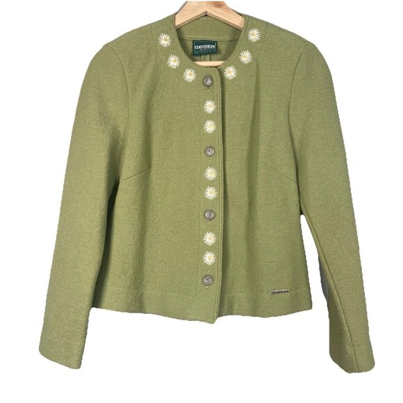 Geiger Wool 2 Piece Green Embroidered Floral Vintage Skirt Jacket Set Size 34 - Picture 3 of 16